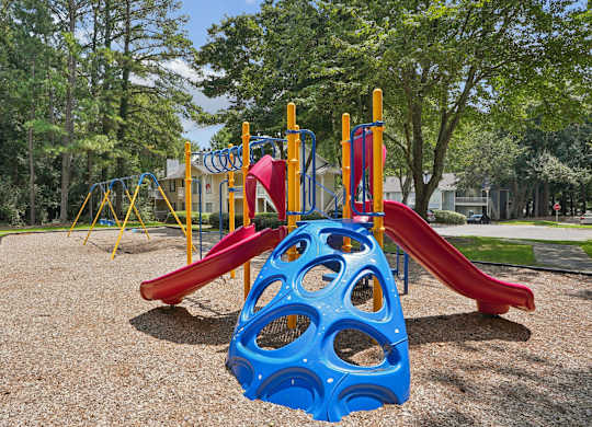 A playground with a blue slide and a red slide.