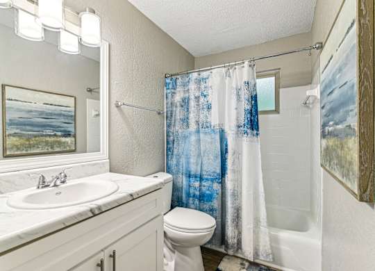 A bathroom with a white toilet, sink, and shower curtain.