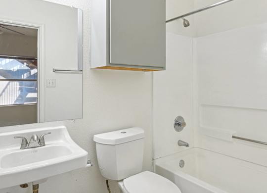 Bathroom with tub and shower at Huntington Meadows Apartments in Austin, TX 78724, featuring modern fixtures in apartments near East Austin.