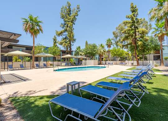 Resort-style pool seating area at Sono Tempe Apartments in Tempe, AZ with shaded loungers and outdoor relaxation space.