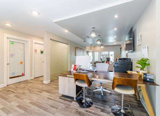 Leasing office at Sono Tempe Apartments in Tempe, Arizona featuring a welcoming resident lobby and modern design.