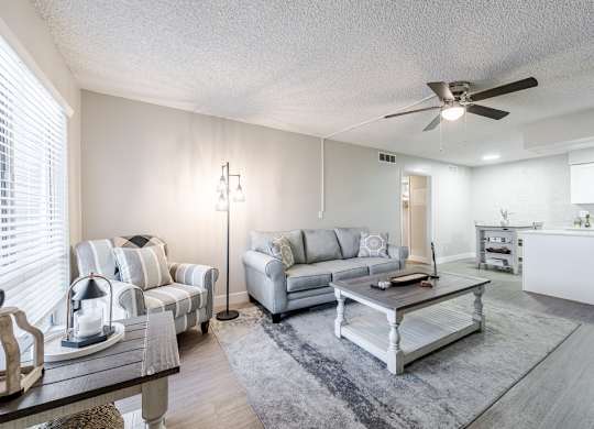 Bright living room inside a one-bedroom apartment at Sono Tempe in Tempe, Arizona with open-concept layout.