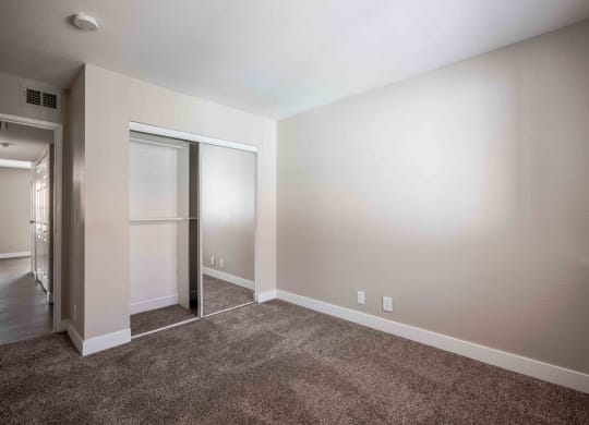 a living room with carpet and a door to a closet