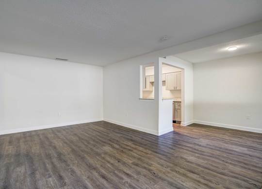 Pet-friendly living room with hardwood floors at Square One Apartments in Gainesville FL