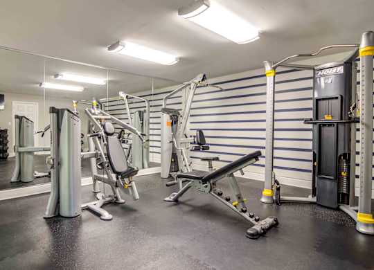On-site fitness room with cardio machines, strength equipment, and free weights at pet-friendly Stratford Ridge Apartments in Marietta, GA—offering a convenient workout option for residents.