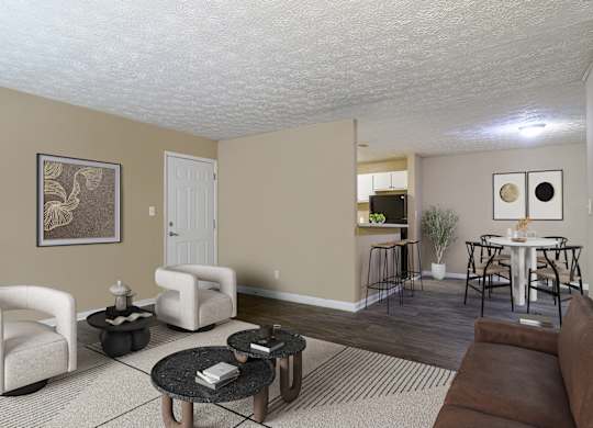 A living room with a brown couch, a coffee table, and a dining table with chairs.