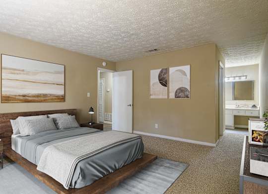 Generously sized bedroom offering plenty of space for furniture and comfortable living in a pet-friendly apartment at Stratford Ridge Apartments in Marietta, GA.