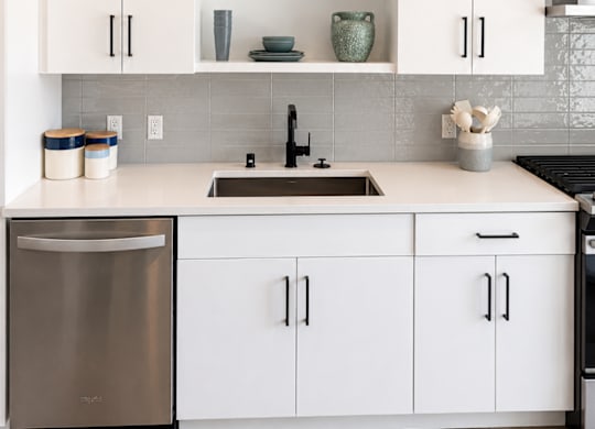 A modern kitchen with white cabinets and a stainless steel dishwasher.