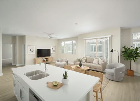 A modern kitchen with a white countertop and a wooden cutting board on it.