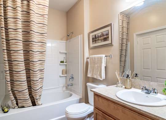 Opelika, AL Apartments – The Crossings of Opelika - a bathroom with a white toilet next to a white bathtub