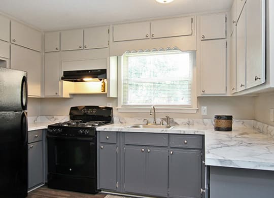Pet-Friendly Apartments in Atlanta, GA – Estuary – photo of kitchen with white and grey cabinets and black appliances
