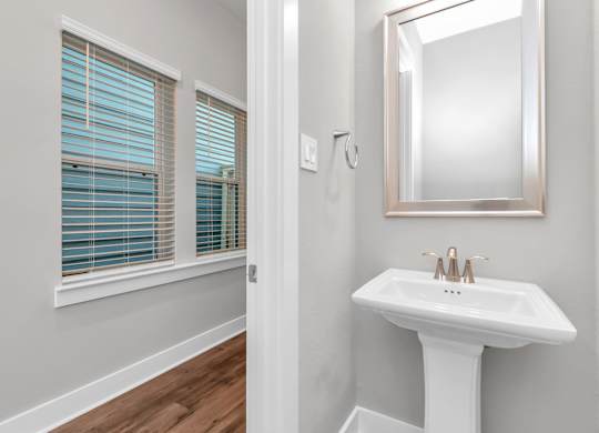 a bathroom with a sink and mirror