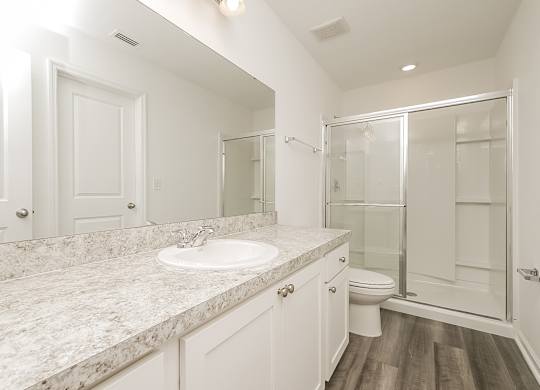 A bathroom with a marble countertop and a walk-in shower.