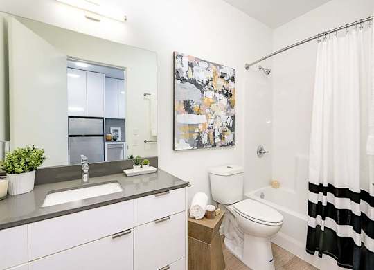 Fremont, WA Apartments - Inspire Fremont - Bathroom with a Bathtub, Granite-Style Sink, and a Large Mirror