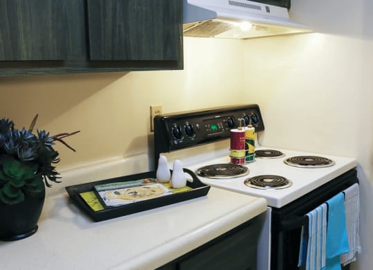 apartment kitchen with a white stove top oven next to a white counter top