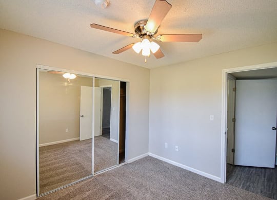 Bedroom with closet and ceiling fan