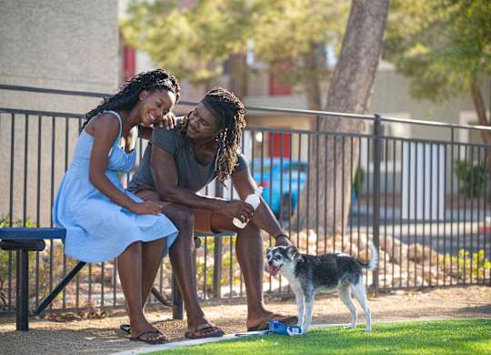 A man and woman sitting on a bench with a dog on the ground.
