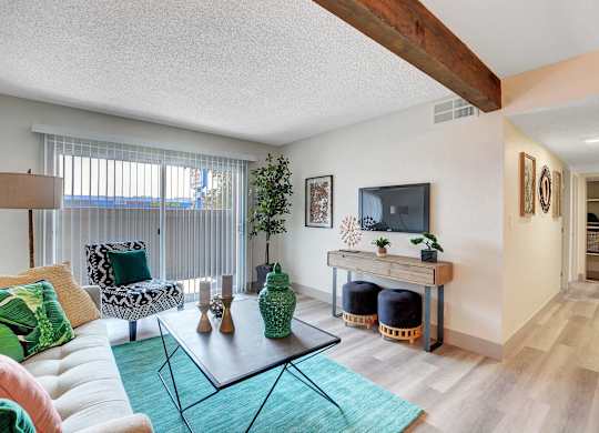 A living room with a white couch and a green rug.