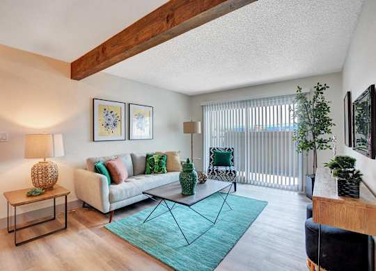 A living room with a couch, a coffee table, and a rug.