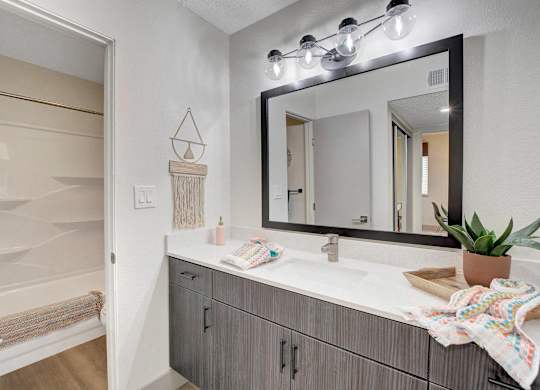A bathroom with a white sink and a mirror above it.