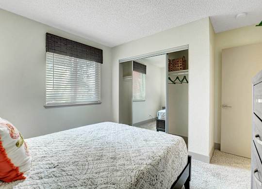 A bedroom with a bed, dresser, and mirror.