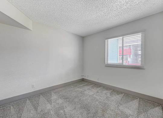 A room with a carpeted floor and a window with blinds.