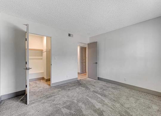 A room with a grey carpet and two doors.