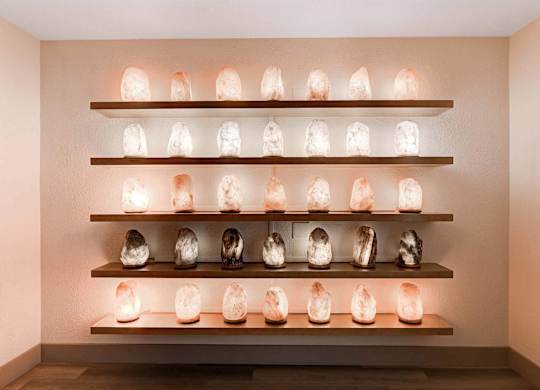 A wall of shelves with glowing skulls on them.
