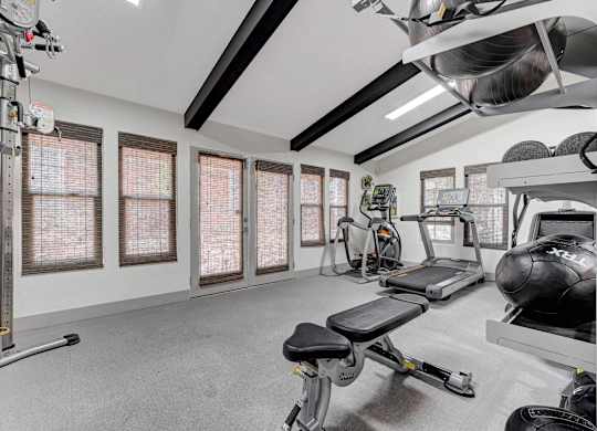 A well-equipped home gym with a variety of exercise machines.