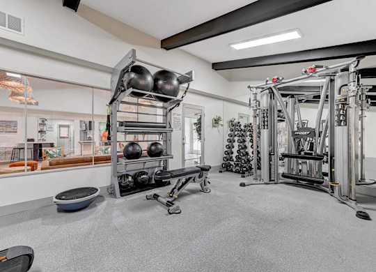 A gym with a variety of equipment including weights and a rowing machine.