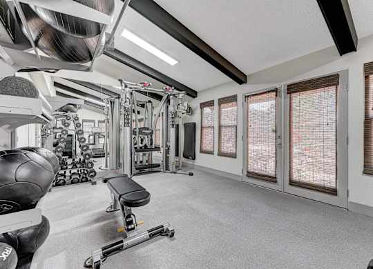 A well-equipped gym with a variety of machines and weights.