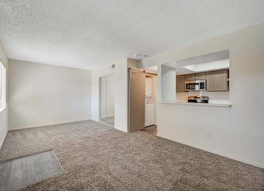 A spacious living room with a carpeted floor and a kitchen area in the background.