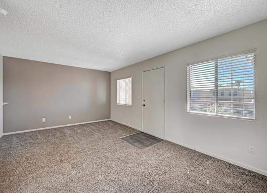 A room with a carpeted floor, a window with blinds, and a door.