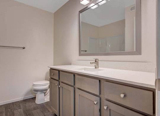 A bathroom with a toilet, sink, and mirror.
