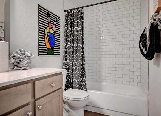 A bathroom with a toilet, a shower curtain, a towel rack, and a painting on the wall.
