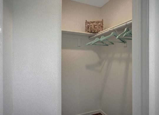 A white closet with a basket on the shelf and a green hanger.