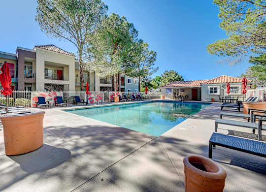 A swimming pool surrounded by chairs and trees in a sunny day.