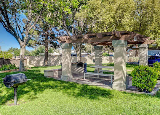 A park bench under a pergola in a sunny day.