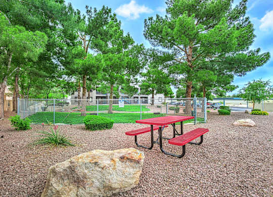 Picnic table and bench in a park with trees. at The 95 Apartments, Las Vegas, NV, 89129
