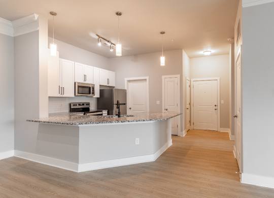 A kitchen with a granite countertop and a microwave above it.