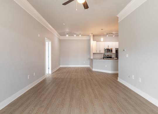 A spacious room with a ceiling fan and lighting fixtures.