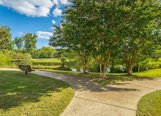 A park with a bench and a pathway.