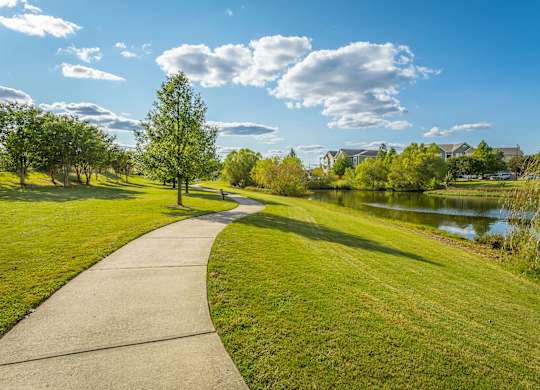A concrete walkway leads through a grassy park with a lake and trees in the background.
