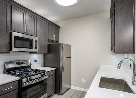 a kitchen with stainless steel appliances and dark wood cabinets at Bristol Station, Naperville, IL