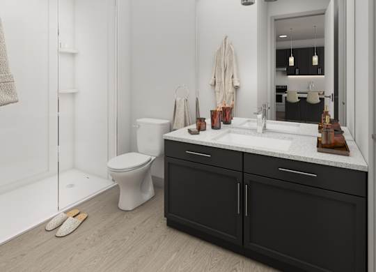 Altura Apartments bathroom featuring a walk-in shower and elegant granite countertops on the vanity.