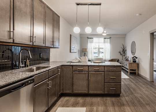 The modern kitchen design features dark wood cabinets and a practical stainless steel sink with a gooseneck faucet.