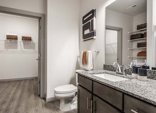 A bathroom with a toilet, sink, and a mirror.