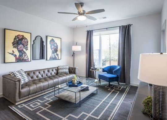 Madamore living room with a grey couch and blue chair, a glass table, a rug, and a window, with modern decor.