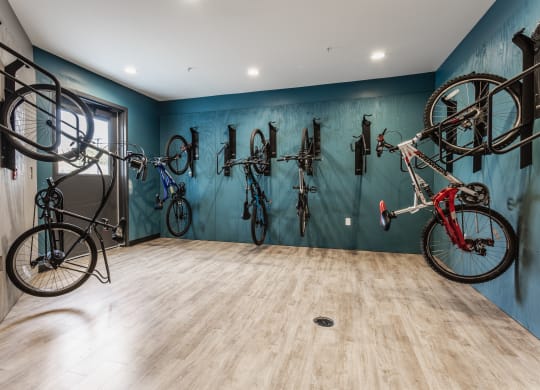 Madamore bicycle storage center with five bikes locked on the wall.