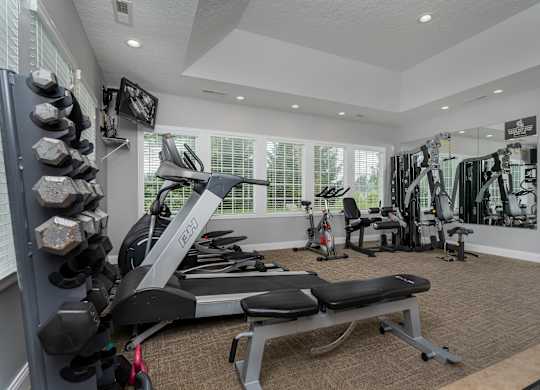 A home gym with a variety of equipment including a treadmill, weights, and exercise machines.